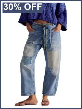 Women's Casual Baggy Distressed Patchwork Denim Jeans Drawstring Barrel Pants
